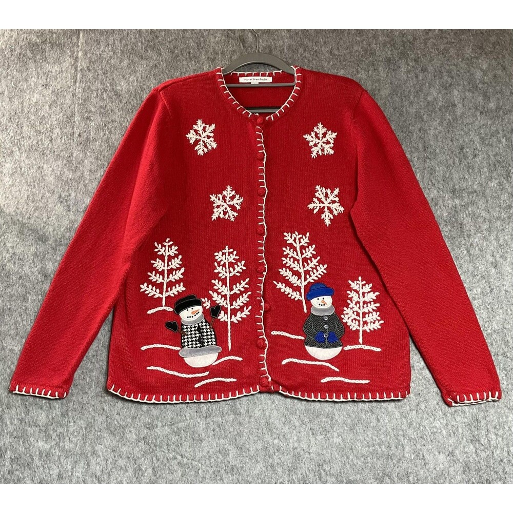 Mercer Street Studio Christmas Sweater Womens Large Red Snowman Holiday Cardigan